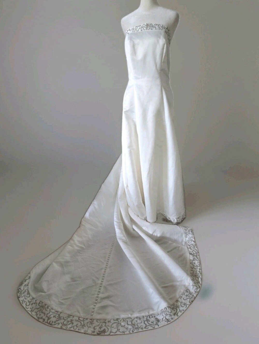 Vtg 90s Michelangelo Strapless Satin Wedding Gown, Stole, Train, Button, Bow, S